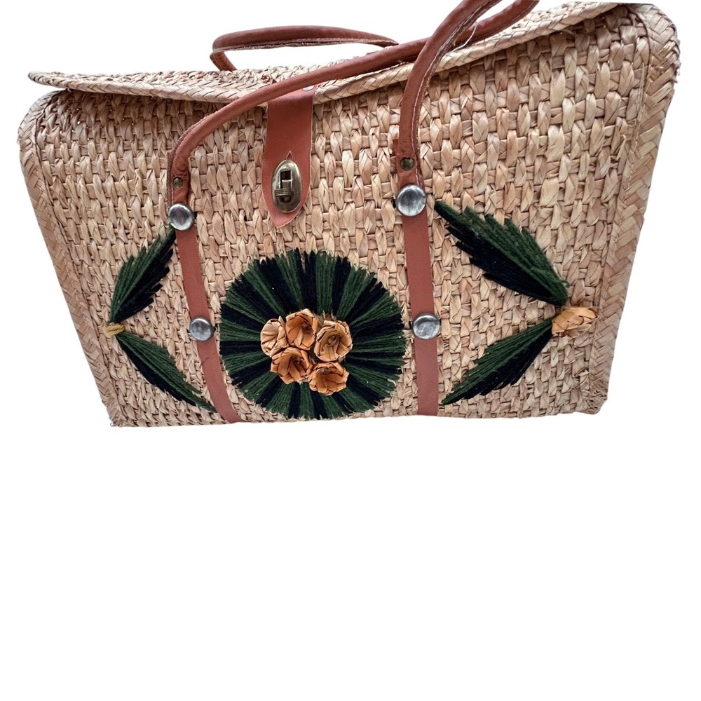 Vintage Woven Straw Floral Embroidered Satchel Bag Boho Cottagecore Natural Tan - Picture 3 of 11